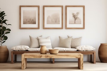 Fototapeta premium A living room with three framed pictures on the wall