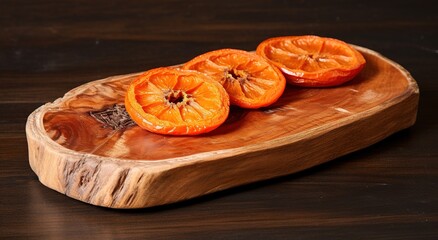 dried persimmon in a wood trey on a wood background.