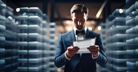Elegant man in suit with bowtie holding digital guest list - obrazy, fototapety, plakaty