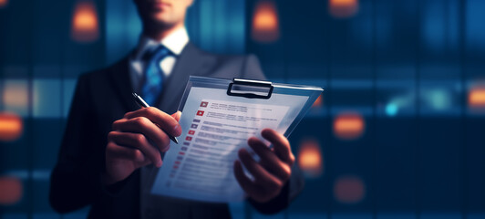 Digital businessman holding virtual checklist - obrazy, fototapety, plakaty