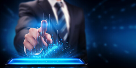 Businessman touching virtual chart with graph , finance and trading technology