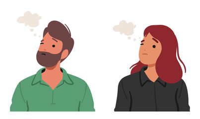 Man and Woman With Contemplative Expression, Brows Slightly Furrowed, Deep In Thought, Vector Illustration