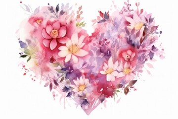 Watercolor illustration of a heart-shaped composition from various flowers on a white background. AI generative