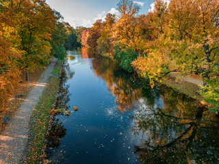 Aerial view to river Brda in Bydgoszcz at autumn, Poland. - obrazy, fototapety, plakaty