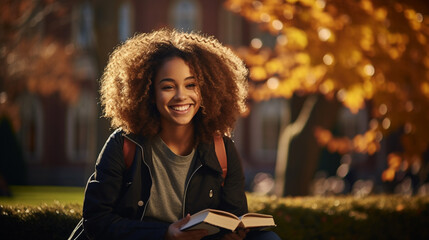 Black female student with a joyful expression, sitting outside a campus building surrounded by fall scenery Capture her eagerness to start the school year in a picturesque autumn setting