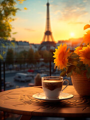 Cup of coffee with sunflowers and Eiffel tower in Paris, France