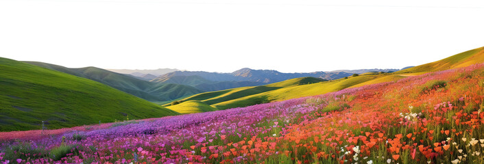 Wildflower meadow: Lush hills adorned with vivid blossoms, cut out - obrazy, fototapety, plakaty