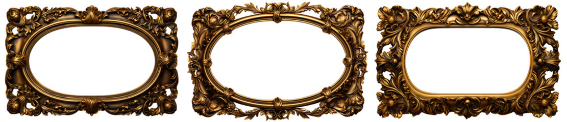 Set of antique gold frame, Royal interior luxury decor frame mock up for photo, picture, art, PNG...