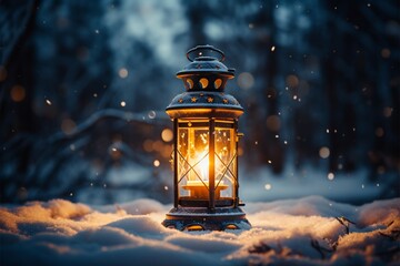 Burning Glowing lantern in winter snow Beautiful winter background