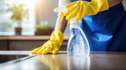 Person in yellow gloves cleaning a kitchen countertop with a spray bottle, suggesting domestic cleaning and hygiene. - obrazy, fototapety, plakaty