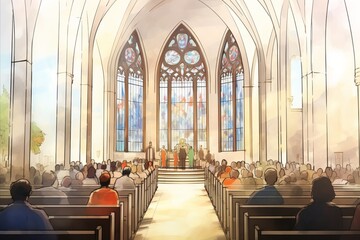 A moment of peaceful reflection as the Easter congregation is enveloped in the vibrant glow from the church's stained glass