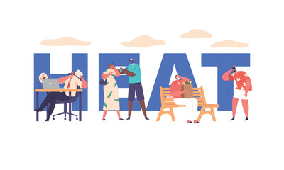 Heat Concept, Characters with Distressed Faces Glisten With Sweat As Scorching Heat Envelops Them, Banner, Poster, Flyer