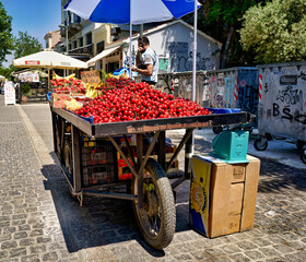 Athens Greece.Cherries for sale in a street barrow at Monastiraki