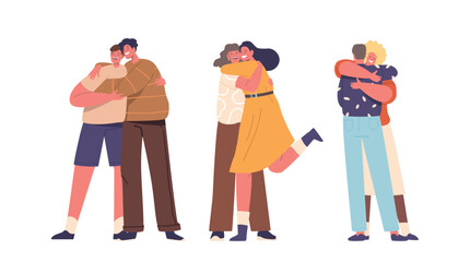 Male And Female Characters, Friends Or Relatives In Warm Embrace, Hearts Connect In A Tight Hug. Arms Wrapped