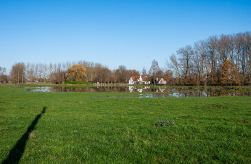 Obraz premium Flooded meadows with houses reflecting in the water, Imde, Belgium