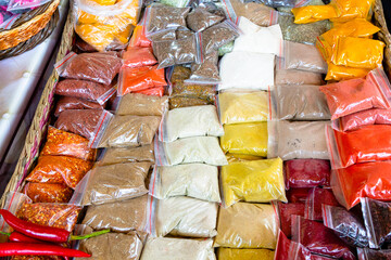 travel to Georgia - various traditional Georgian spices and seasonings in village store in Kakheti region of Georgia