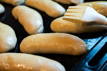 Unbaked dough of sandwich buns, covered with yolk, Belgium