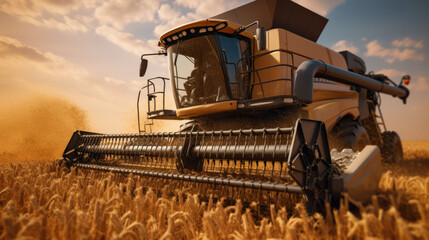 Combain is collecting on the wheat crop. Agricultural machinery in the field. Grain harvest. - obrazy, fototapety, plakaty