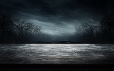 Minimalist Charm of an Empty Tabletop against a dark landscape Background Generated AI