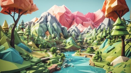 Abstract cartoon style 3d natural landscape render
