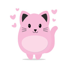 Cute pink cat vector draw illustration with hearts. Kitten sweet doodle cartoon style. 