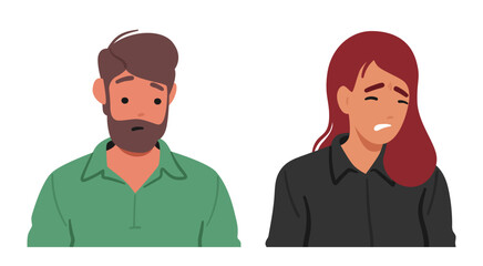 Man And Woman Wear An Upset Expression. Their Downturned Lips And Tense Features Reveal Inner Turmoil