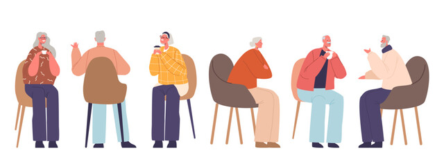 Elderly Characters In Cafe, Savoring Warm Drinks And Sharing Stories. Laughter And Camaraderie Fill The Air