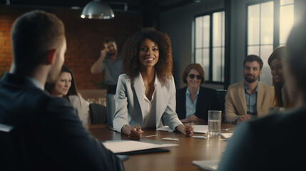 A businesswoman engaged in conversation with colleagues while seated at the conference table. - obrazy, fototapety, plakaty