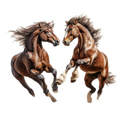  two horses  frolicking, rearing, full body in a 3/4 side view PNG, in a  playful animal-themed, isolated, and transparent photorealistic illustration. Generative ai