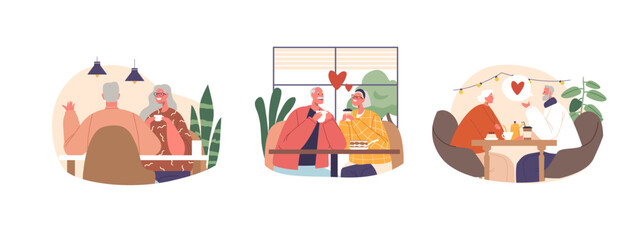 Elderly Couple Characters In A Cozy Cafe. Old People Drink Tea, Share Tender Glances, And Laughter, Vector Illustration