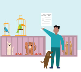Human adopting pets and fostering. Pet adoption concept. flat vector illustration.