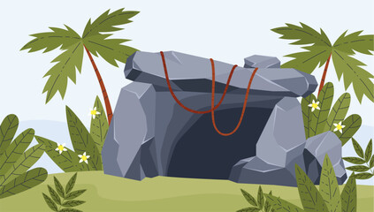 Stone cave in the jungle. Vector illustration in cartoon flat style.