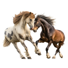 two horses/wild mustangs, sparing, in a 3/4/side view, PNG,  isolated and transparent Ranch-themed, photorealistic illustration. Generative ai