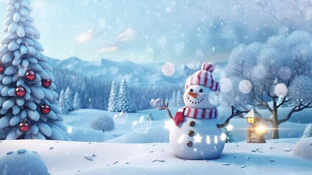 Animated Christmas concept decorations with a snowman with tree in white snow surrounded by snowfall. Cartoon style. seamless looping time lapse video 4k animation background.