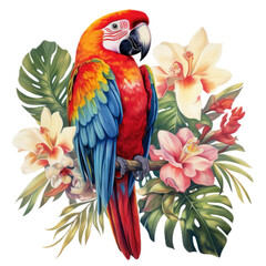 Obraz premium a retro Scarlet/Rainbow Macaw with tropical flowers, 3/4 side view, in a PNG, for surf apparel/products, Tropical-themed, isolated, and transparent photorealistic illustration. Generative ai