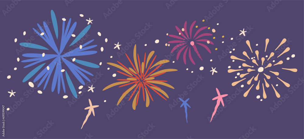 Poster fireworks explode, dazzling bursts of color and light in the night sky, creating a mesmerizing displ