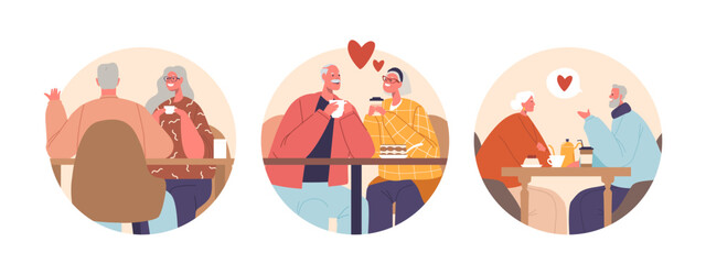 Isolated Vector Round Icons with Cartoon Elderly Couple Characters Sip Coffee In Cozy Cafe, Sharing Smiles Holding Hands