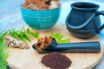 Chaga and Turkey’s tail, Trametes versicolor mushroom. Mushroom coffee chaga superfood. Dried...