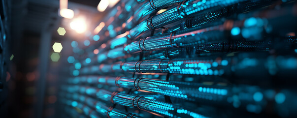 Web banner of glowing data cables transferring information  inside computer  server - obrazy, fototapety, plakaty