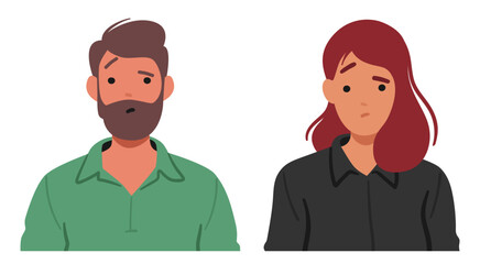 Man and Woman Faces Contorted In Bewilderment, Eyebrows Furrowed, And Lips Slightly Curved. Eyes Reflect Uncertainty