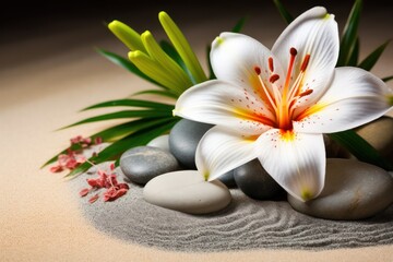 Obraz na płótnie Canvas sand, lily and spa stones in zen garden