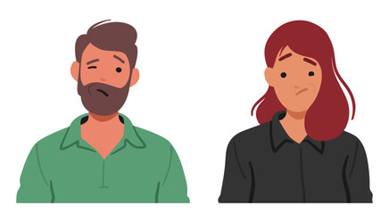 Man And Woman With Furrowed Brows And Downturned Lips Reveal A Deep Dissatisfaction, Male And Female Characters