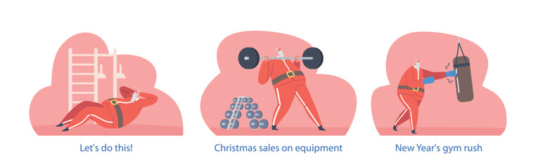 Isolated Elements With Cartoon Santa Claus Workout in Gym. Christmas Character , Boxing, Powerlifting and Pumping Press