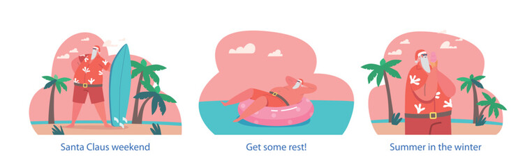 Isolated Vector Elements With Cartoon Santa Claus On Summer Vacation. Christmas Character Traveling To Tropical Resort
