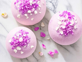 Aromatic bath bombs on a white. Meant for relaxation and body care. Generative AI