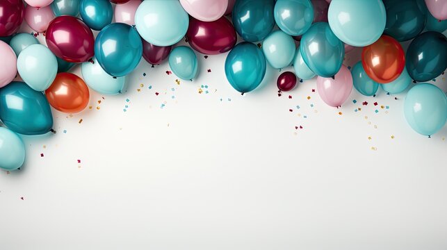 blue, pink red and agua balloons over a white backgrounds with confeti