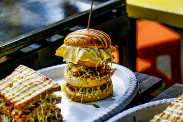 delicious Chicken Sandwich and Burger Making by Chef. Street Food in Colombo.