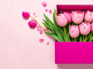 Spring gift concept. Pink tulips in surprise box on pink. for Anniversary, Mothers or Valentines Day. top view, copy space. Generative AI