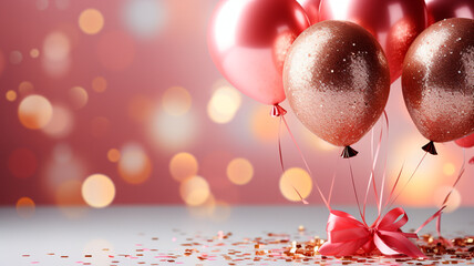 Elegante rosa metálico y globos de oro con confeti. Día de San Valentín, fondo romántico. - obrazy, fototapety, plakaty