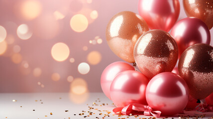 Elegante rosa metálico y globos de oro con confeti. Día de San Valentín, fondo romántico.
